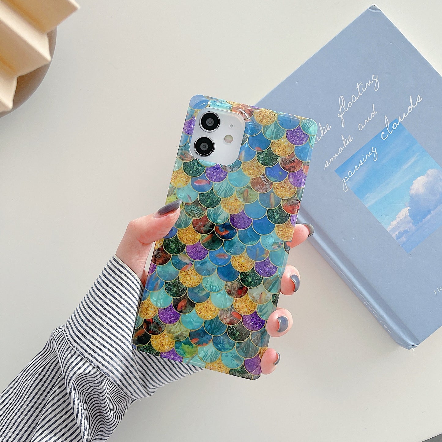 Square Shell Pattern Electroplated Fish Scale Silicone Straight Edge Phone Case