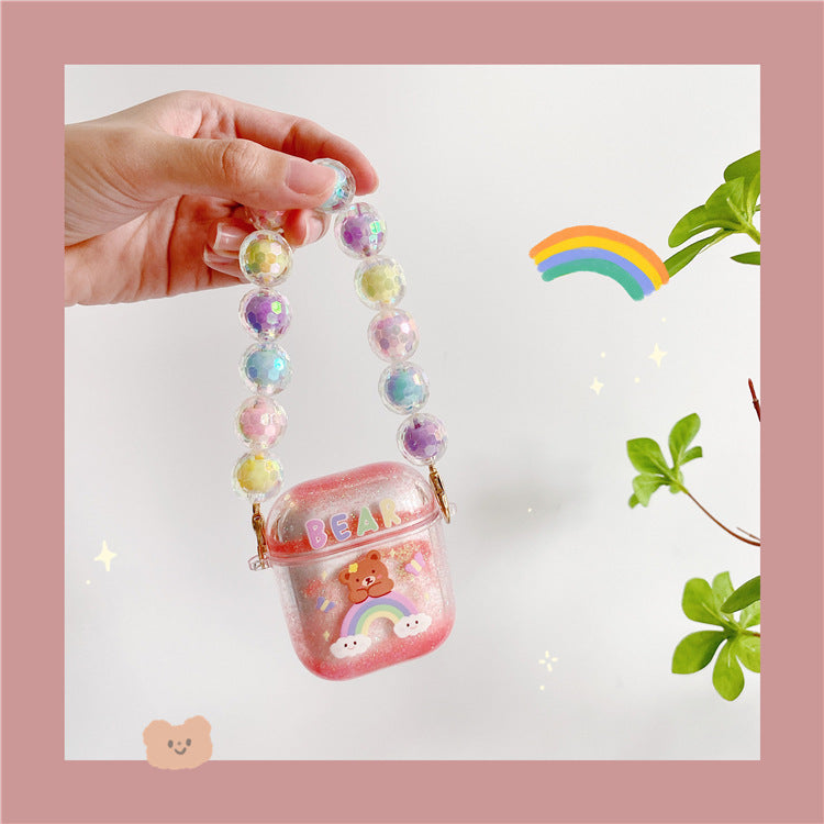 Compatible with Apple, Set Of Cute Quicksand Rainbow Bear Bluetooth Wireless Headset Set