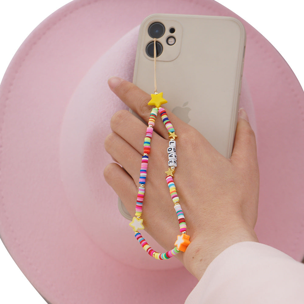 Resin Rainbow Pearl Beaded Mobile Phone Lanyard