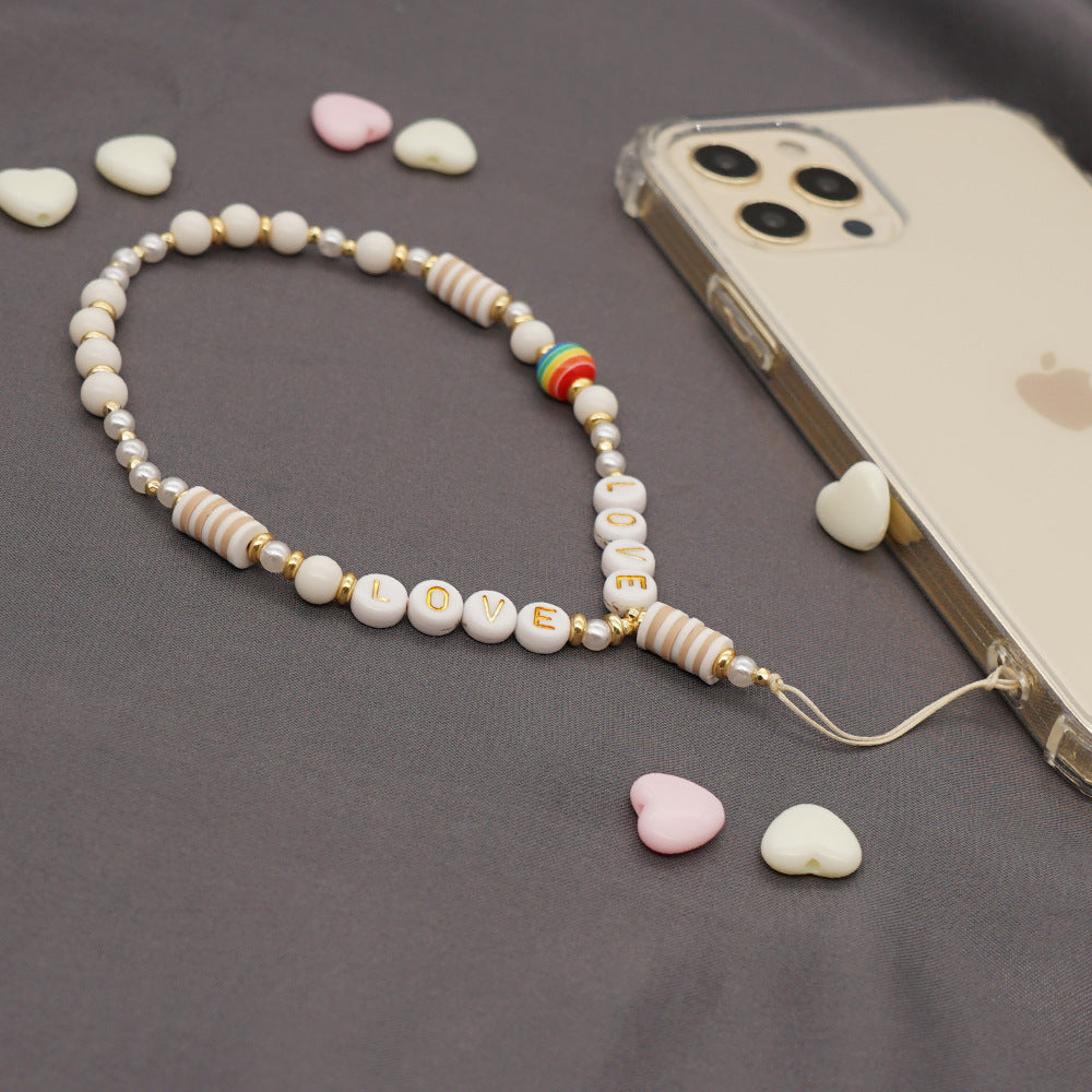 Resin Rainbow Pearl Beaded Mobile Phone Lanyard