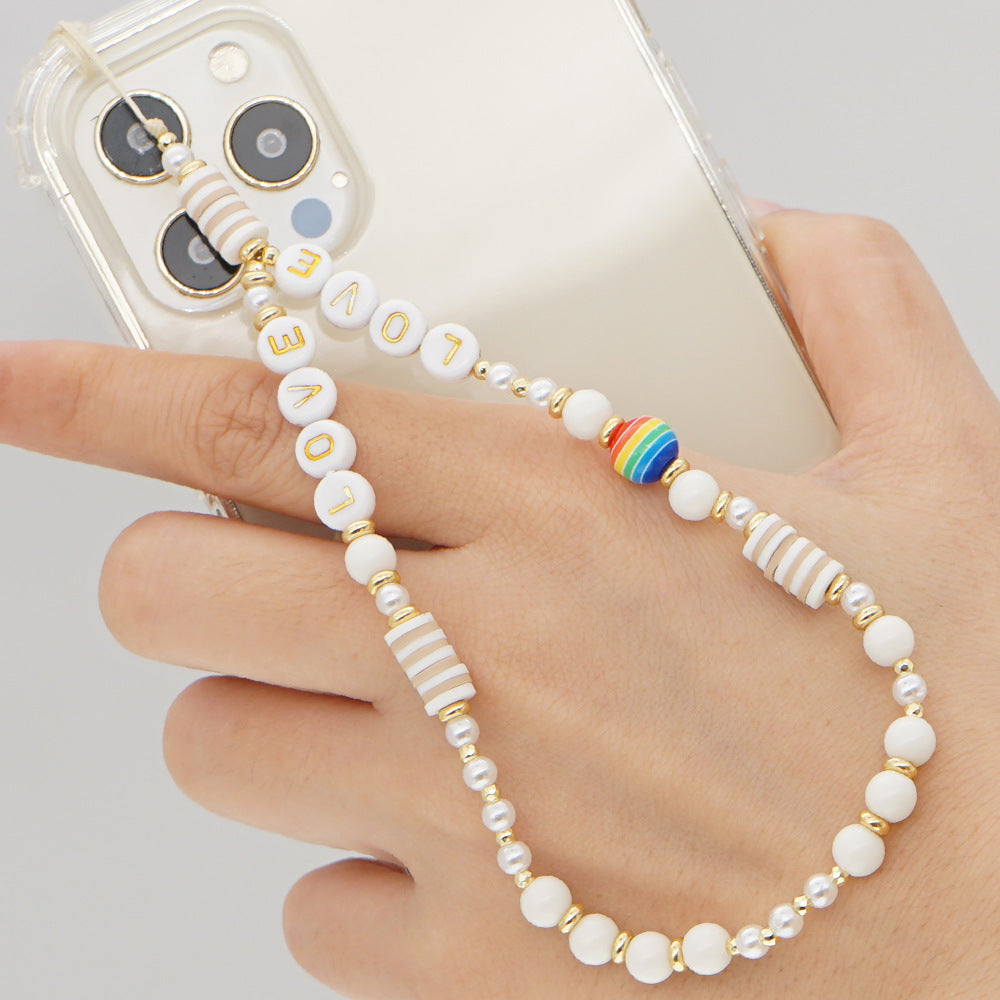 Resin Rainbow Pearl Beaded Mobile Phone Lanyard