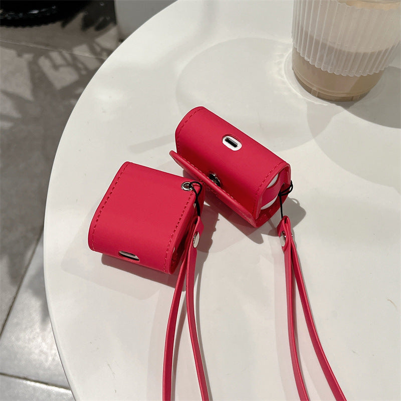 Rose Red Wireless Earphone Case Leather Soft Lanyard