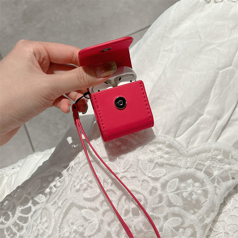 Rose Red Wireless Earphone Case Leather Soft Lanyard