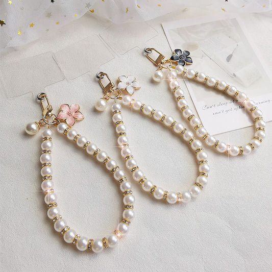 Mobile Phone Lanyard Pearl Pendant Flower Keychain