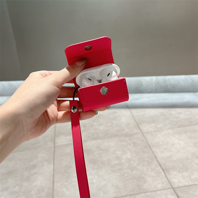 Rose Red Wireless Earphone Case Leather Soft Lanyard