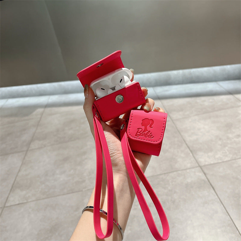 Rose Red Wireless Earphone Case Leather Soft Lanyard