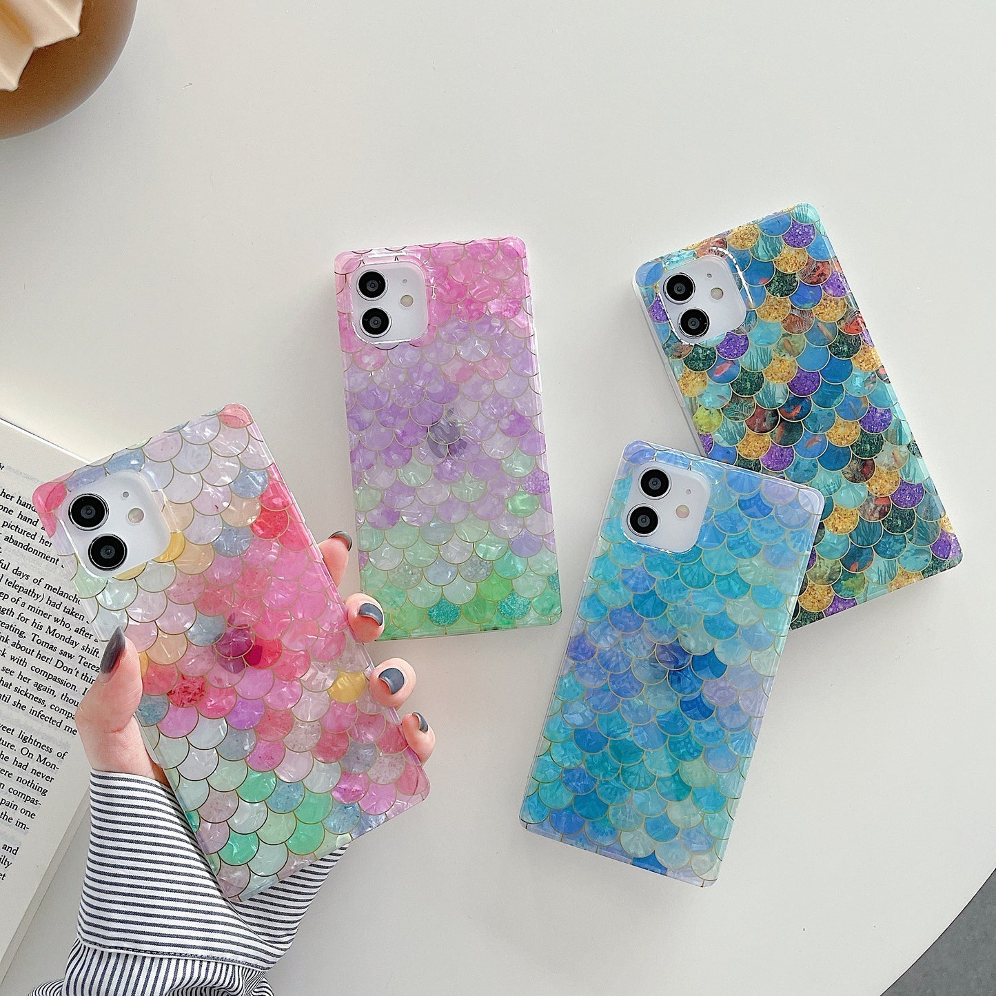 Square Shell Pattern Electroplated Fish Scale Silicone Straight Edge Phone Case