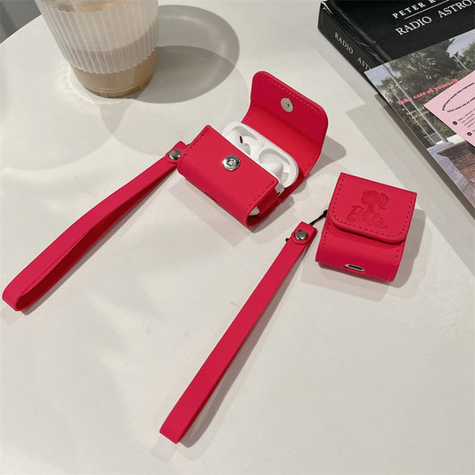 Rose Red Wireless Earphone Case Leather Soft Lanyard