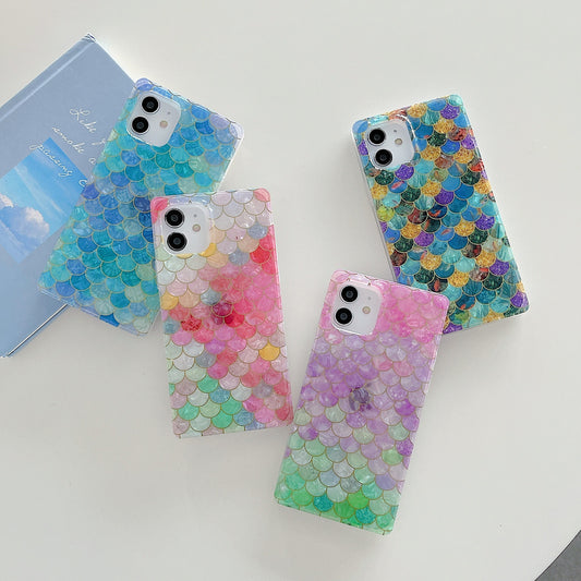 Square Shell Pattern Electroplated Fish Scale Silicone Straight Edge Phone Case